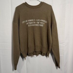 PACSUN Knit Sweater Distressed Olive Green City of Angels Graphic Size S